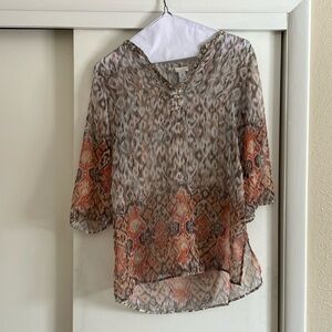 Chico’s size 0, v neck, multicolor sheer tunic blouse with sequin collar